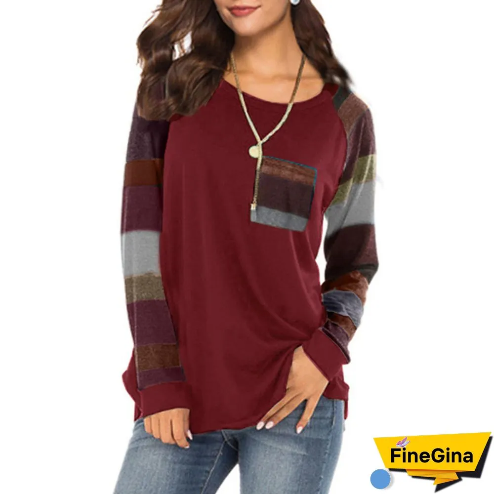 Women Spring-Autumn Stripe Sleeve Patchwork Casual Top T-Shirt Loose Long Sleeve Blouse S-XXL