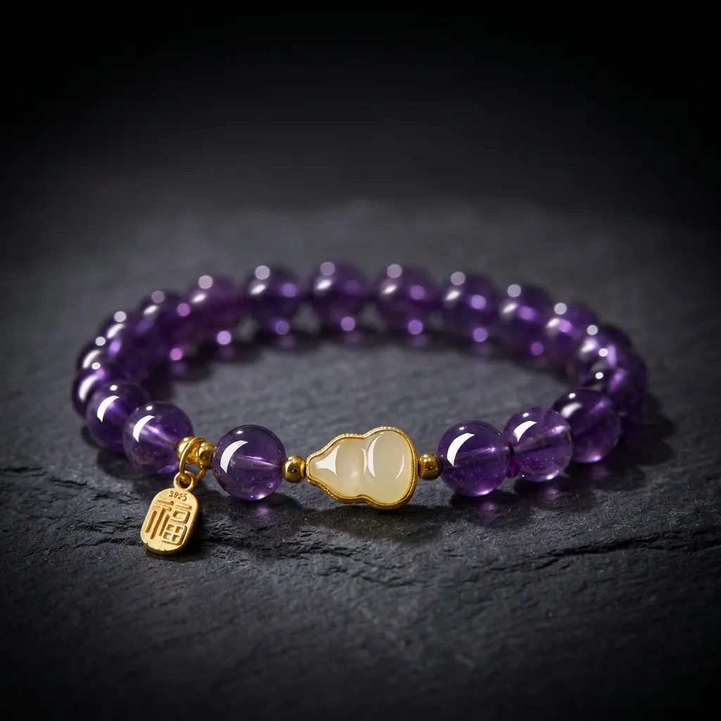 JiStones Serene Amethyst & Jade Gourd Bracelet &ndash; A Symbol of Prosperity and Grace Deep Purple Amethyst & Jade Gourd-Classic Statement (8mm Beads)