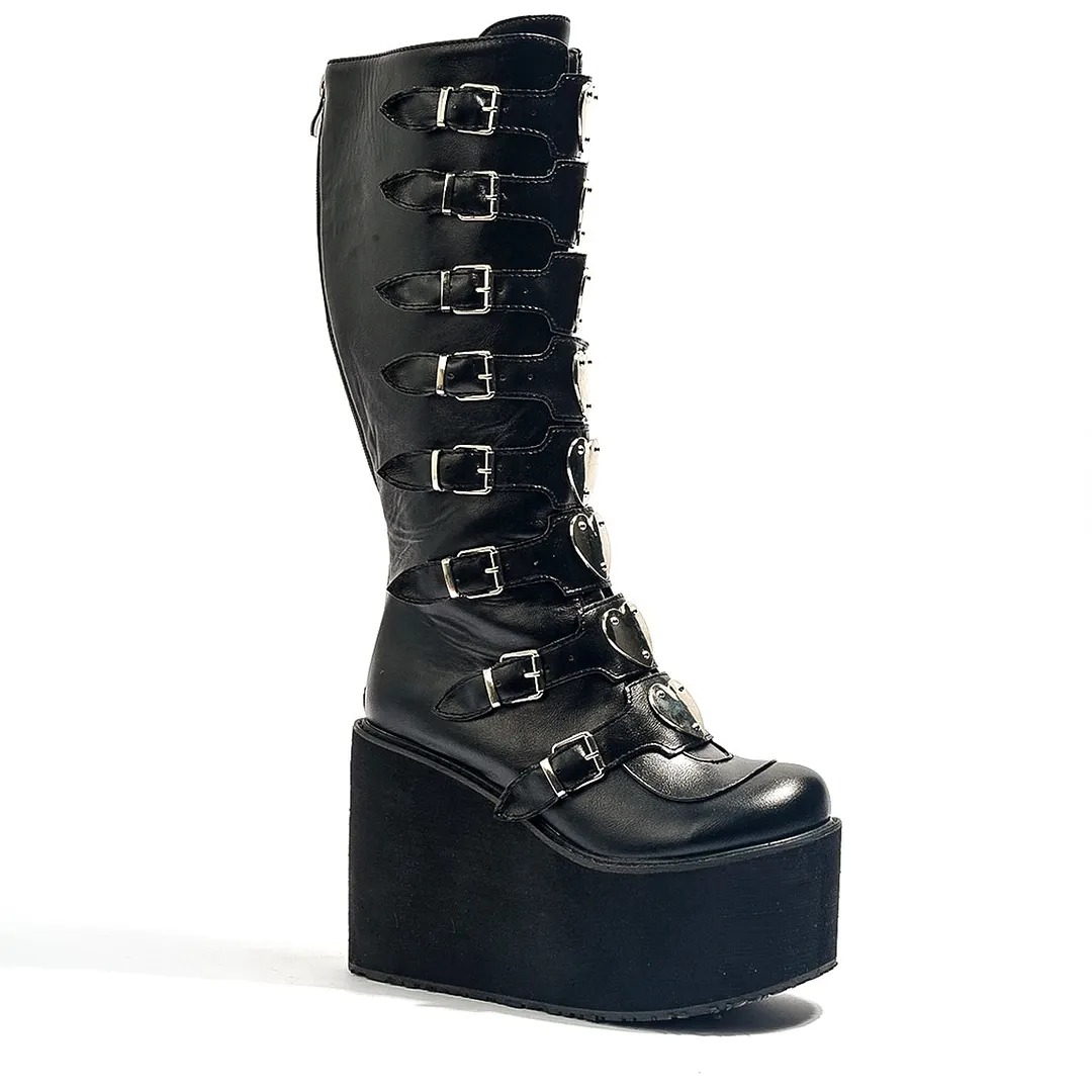 Leather Women Mid-Calf Boots Gothic Style Cool Punk Motorcycles Females Boot Platform Wedges High Heels Calf Boots Women's Shoes