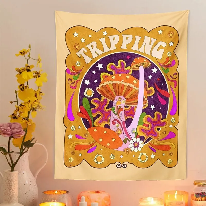 Retro 70s 60s Mushroom Tapestry Vintage Mushroom Psychedelic tripping Botanical INS Trippy Tapestry Hippie Wall Art Decor