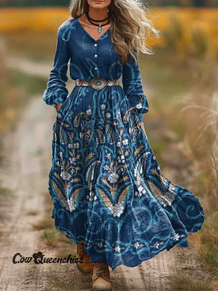 Women&rsquo;s Blue Bohemian Floral Print Pocket Cotton Dress Multicolor / S