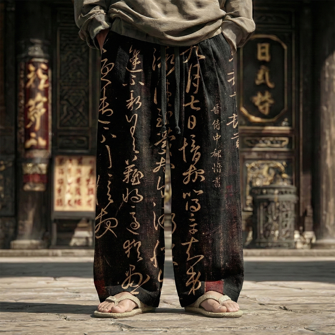 Men's Vintage Calligraphy Art Print Casual Linen Blend Pants  artssus