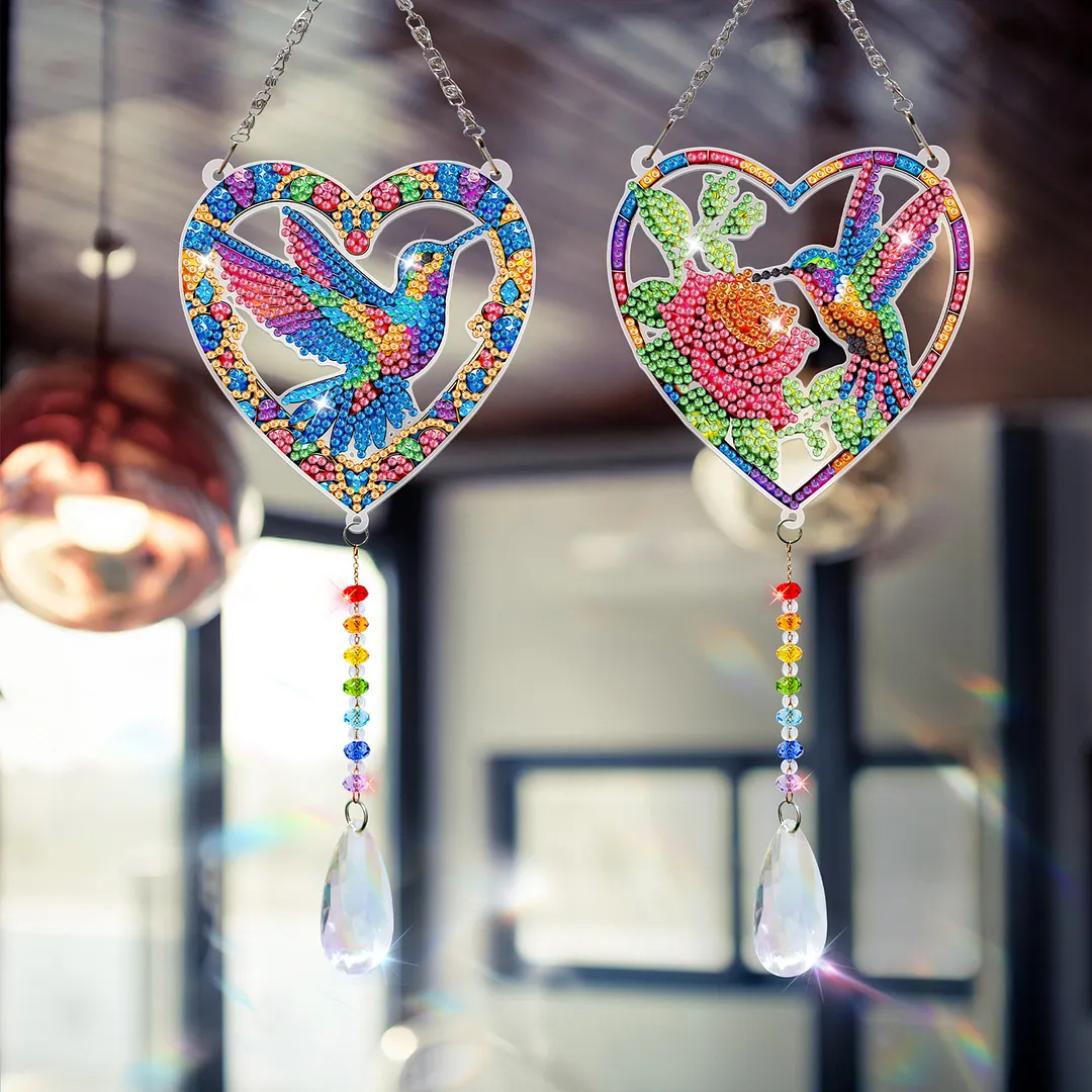 2Pcs Love Hummingbird DIY Acrylic Diamond Painting Art Wind Chimes with Crystal Pendant Diamond Art Hanging Pendant Double-Sided for Adults Beginners Gift Home Garden Decor