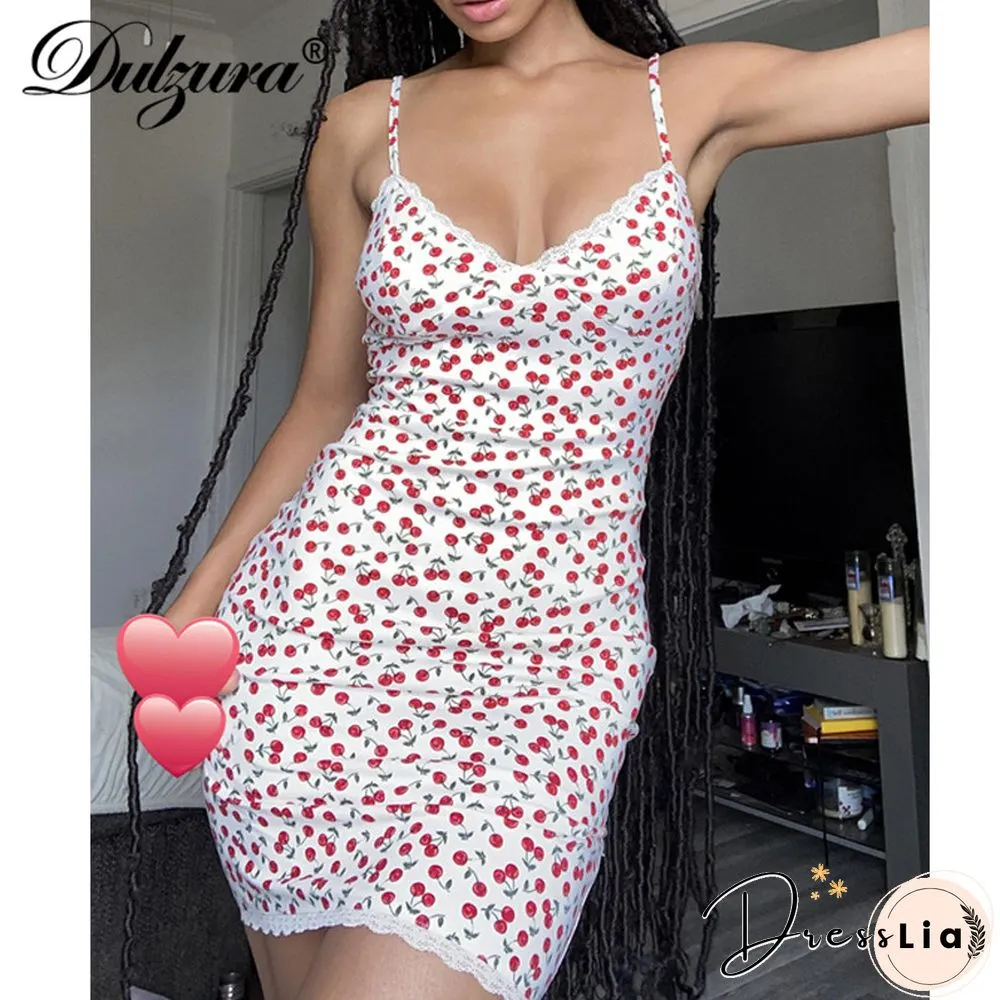 Lace Patchwork Cherry Print Women Strap Mini Dress Bodycon Sexy Streetwear Party Club Elegant Cute Summer Sweet
