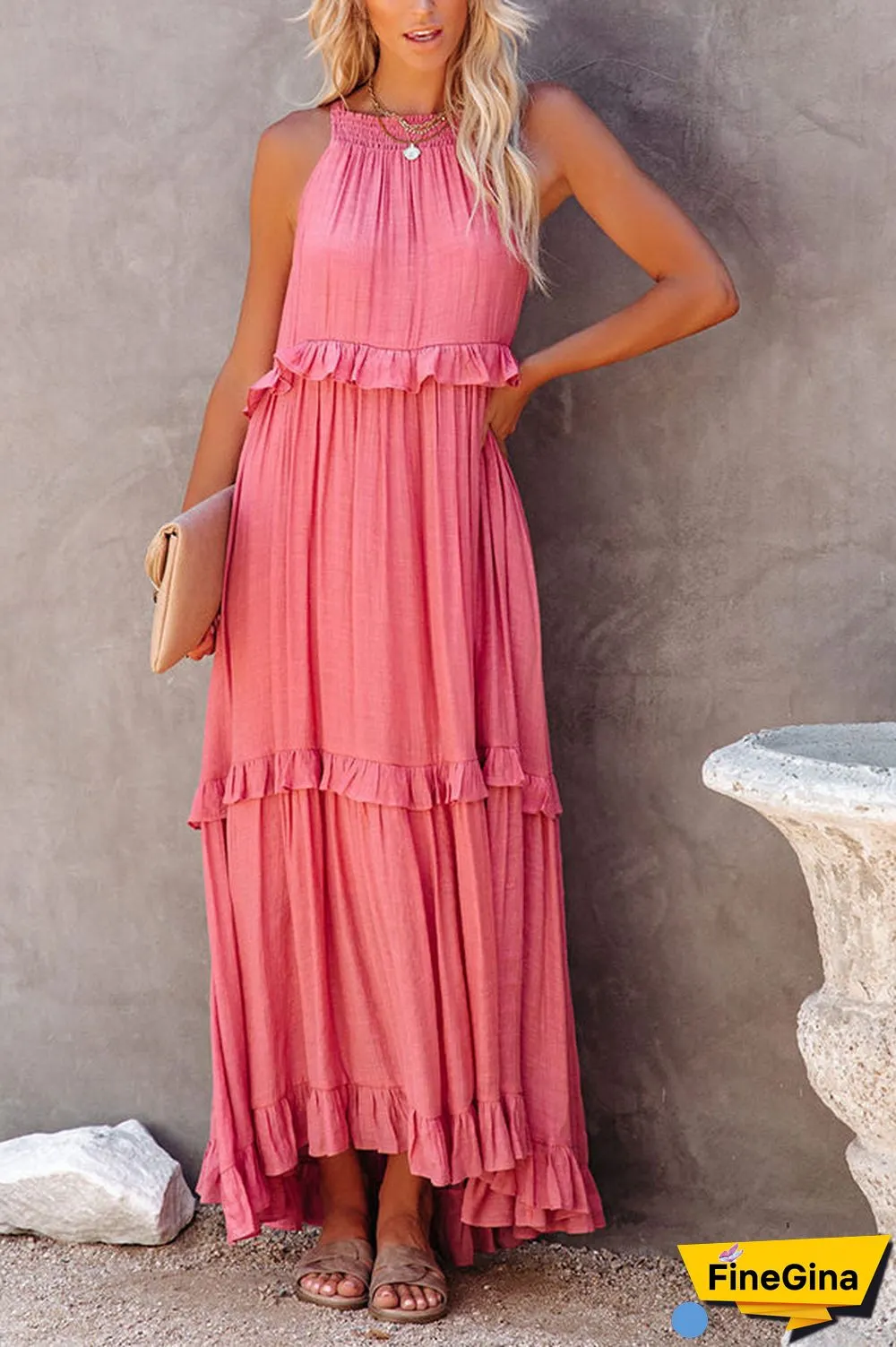 Pocketed Halter Textured Maxi Dress