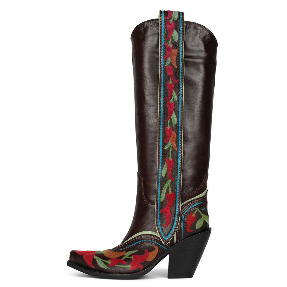 Dark Brown Chili Embroidered Wide Calf Chunky Heel Cowgirl Boots Nicepairs