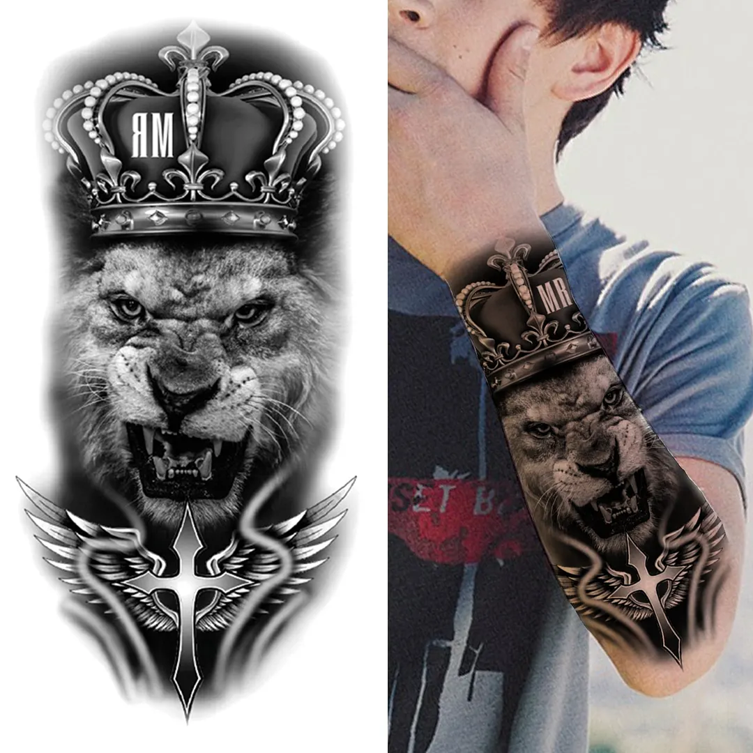 Cross Lion Temporary Tattoo For Women Men Adult Skull Tiger Wolf Forest Tattoo Sticker Black Fake Realistic Demon Tatoos Forearm 530-1