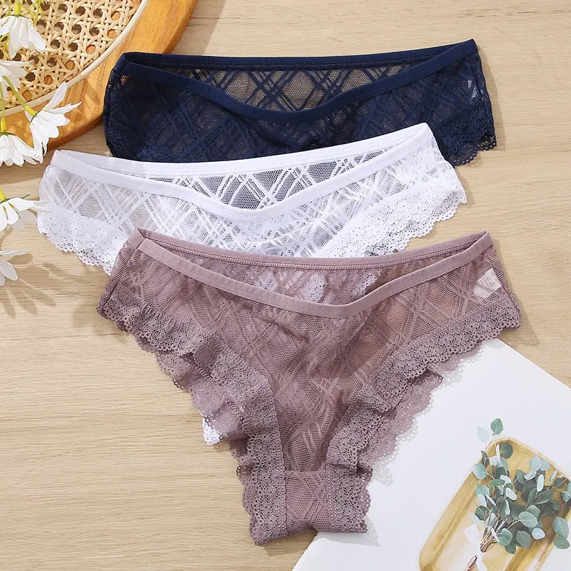FINETOO M-2XL Sexy Lace Panties Women 3Pcs/set Low Waist Lattice Underwear Ladies Transparent Panty Female Underpants Lingerie