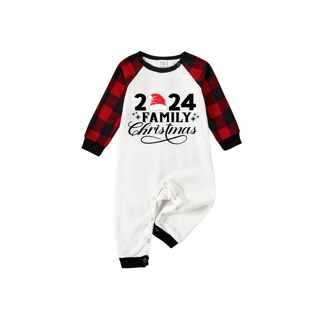 "Family Christmas 2024" and Santa Hat Printed Red & Black Plaid Family Matching Pajamas