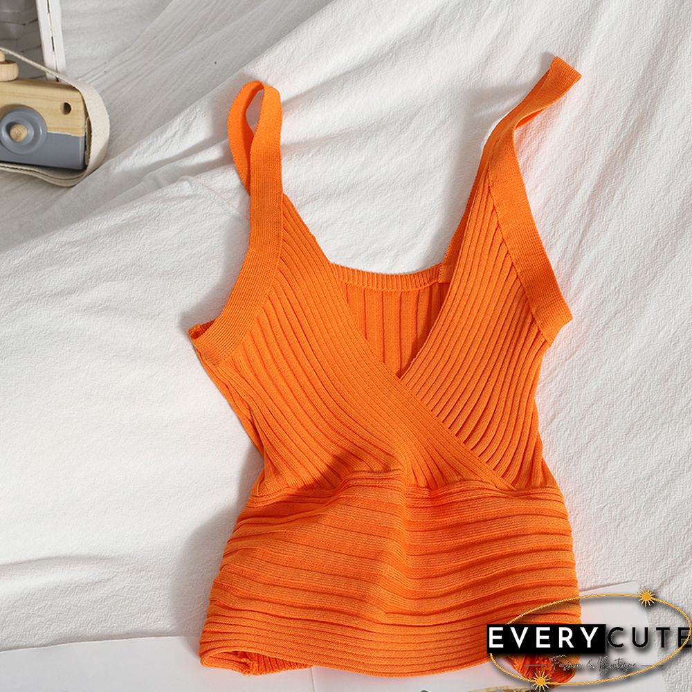 Women Rib Tank Tops Summer Wrap Front Sexy V Neck Knitting Sleeveless Tops Solid Color Beach Retro Skinny Chic Tops