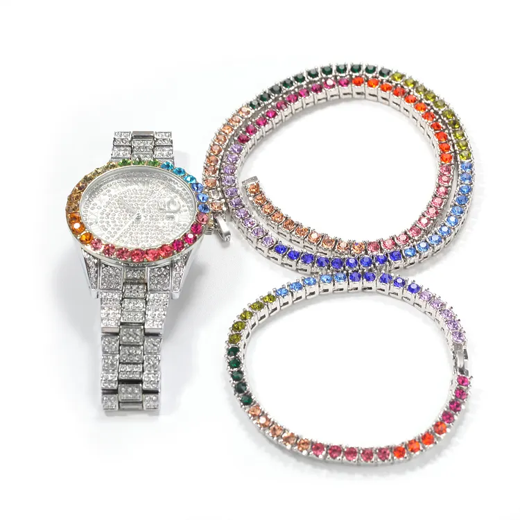 Colorful Watches Chain Bracelets Set 4MM Necklaces