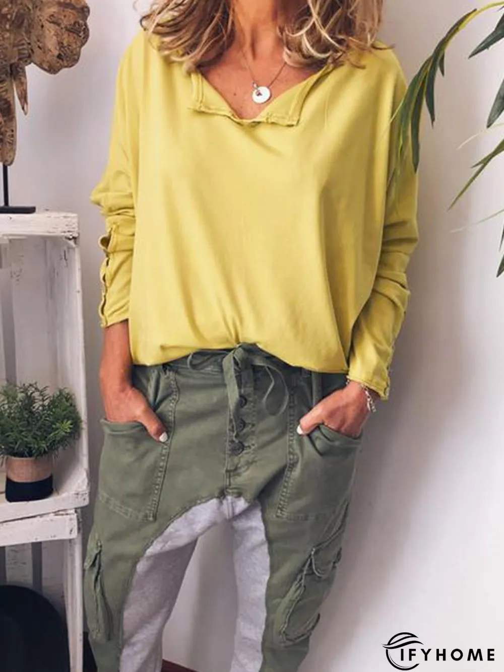 Casual Cotton V Neck Long Sleeve T-Shirt | IFYHOME