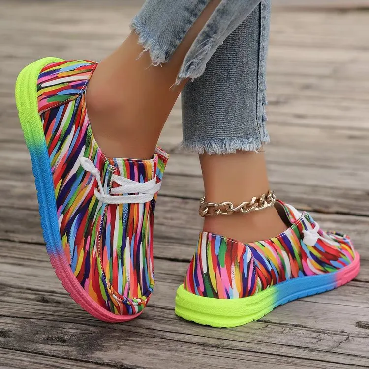 Breakj Breakj New Large-Size Lace With Color Low-Top Single Shoes Women Graffiti Slacker Canvas Flat-Soled Single Shoes