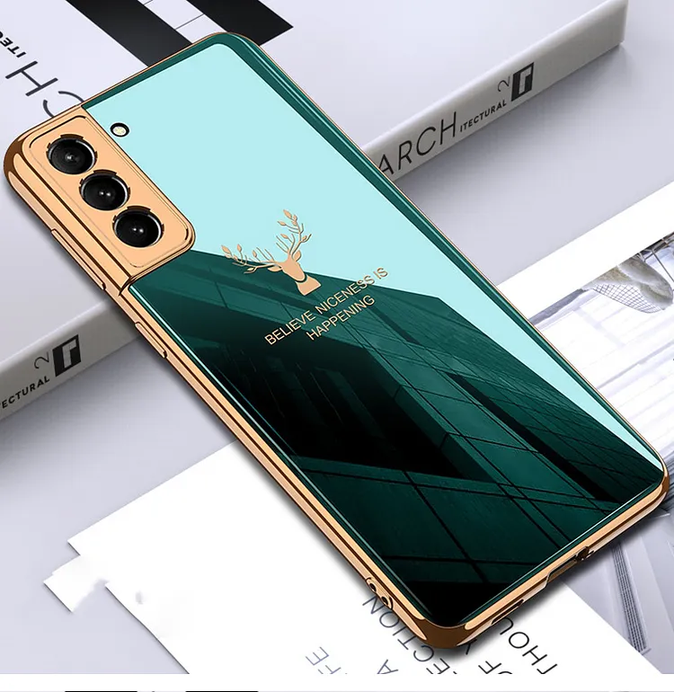 Deer Pattern Plated Tempered Glass Case For Samsung