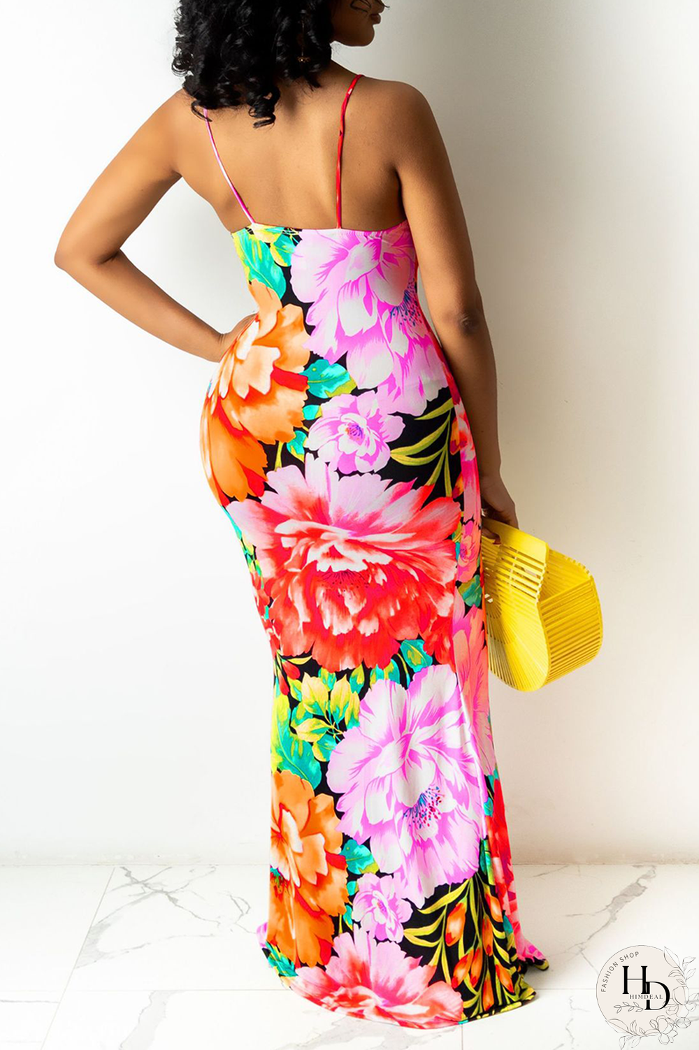 Rose Red Sexy Patchwork Split Joint Spaghetti Strap Pencil Skirt Dresses