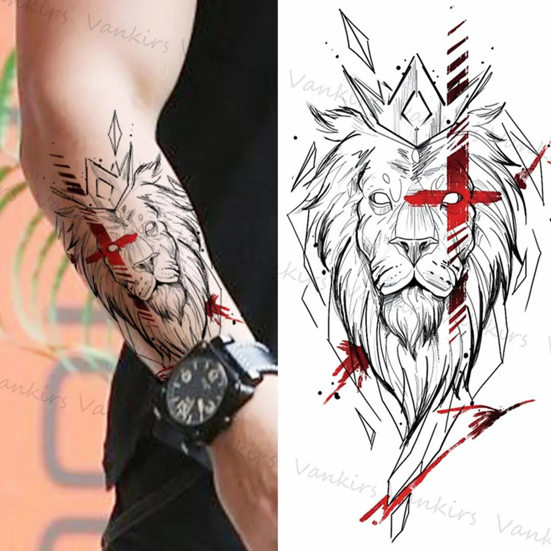 Sdrawing Lion Crown Temporary Tattoos For Women Men Wolf Compass Tiger Mountain Flower Fake Tattoo Sticker Arm Body Tatoos