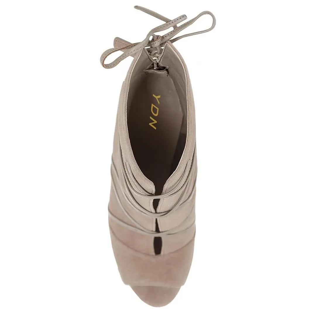 Faux Suede Peep Toe Back-Zip Over All Lace-Up High Heel Boots