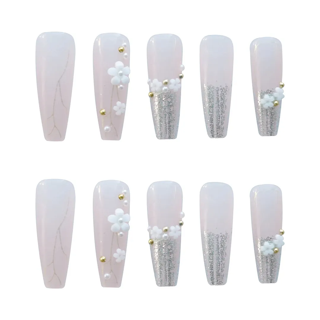 24pcs Glitter Design Fake Nail Patch Coffin Long 3D White Flower Print Nail Art Patches Full Finished Women Girl False Nail tips-Nail Inspo