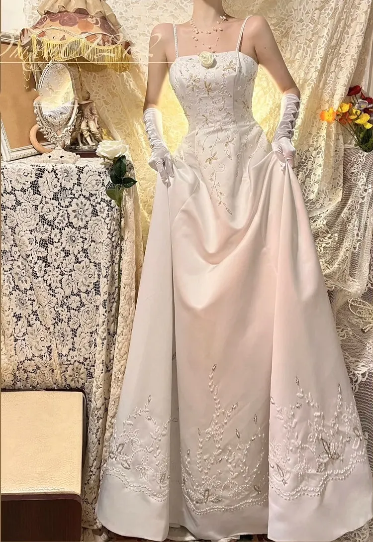 White and yellow exquisite bead decoration long satin ball dress evening dress wedding dress