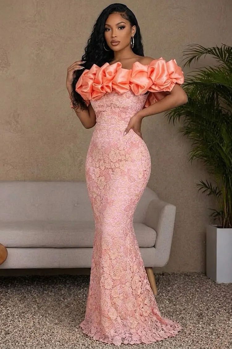 Off Shoulder 3D Ruched Trim Lace Slim Gowns Maxi Dresses-Pink [Pre Order]