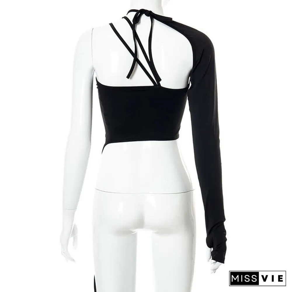 Halter One-Shoulder Lace Up Finger Sleeve Vest Top