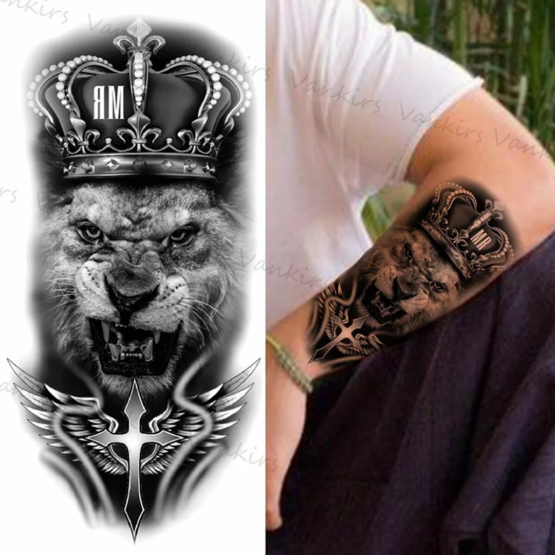 Sdrawing Lion Crown Temporary Tattoos For Women Men Wolf Compass Tiger Mountain Flower Fake Tattoo Sticker Arm Body Tatoos