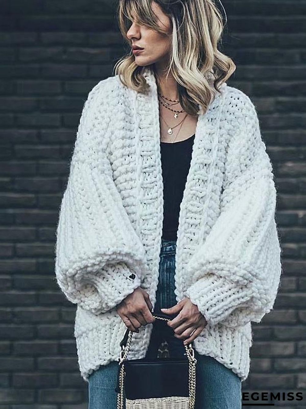 Fashion Knitting Solid Color Long Puff Sleeves Sweater | EGEMISS