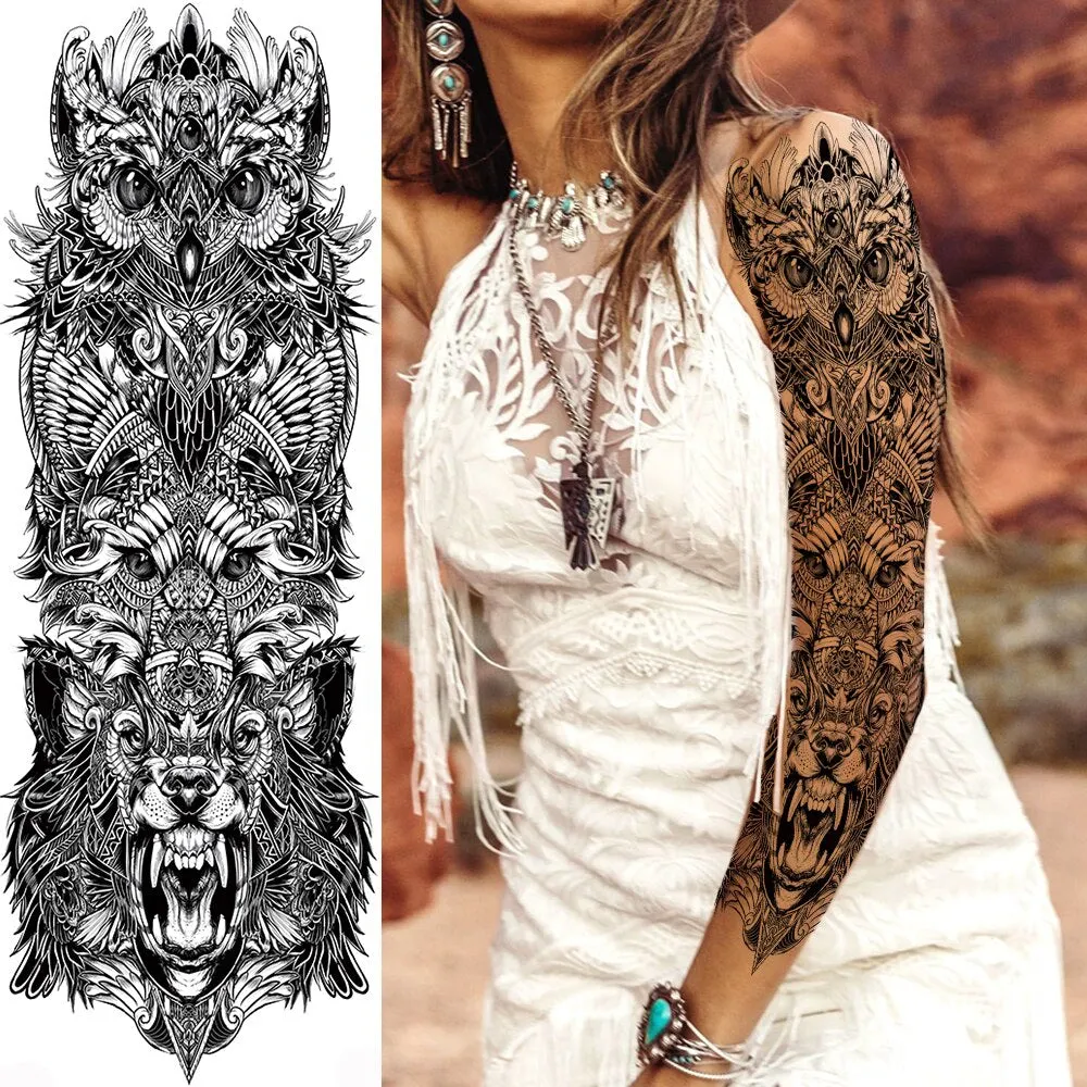 Black Military Maori Totem Temporary Sleeve Tattoos For Men Realistic Fake Full Arm3D Dragon Skull Wolf Lion Robot Tatoos Paste