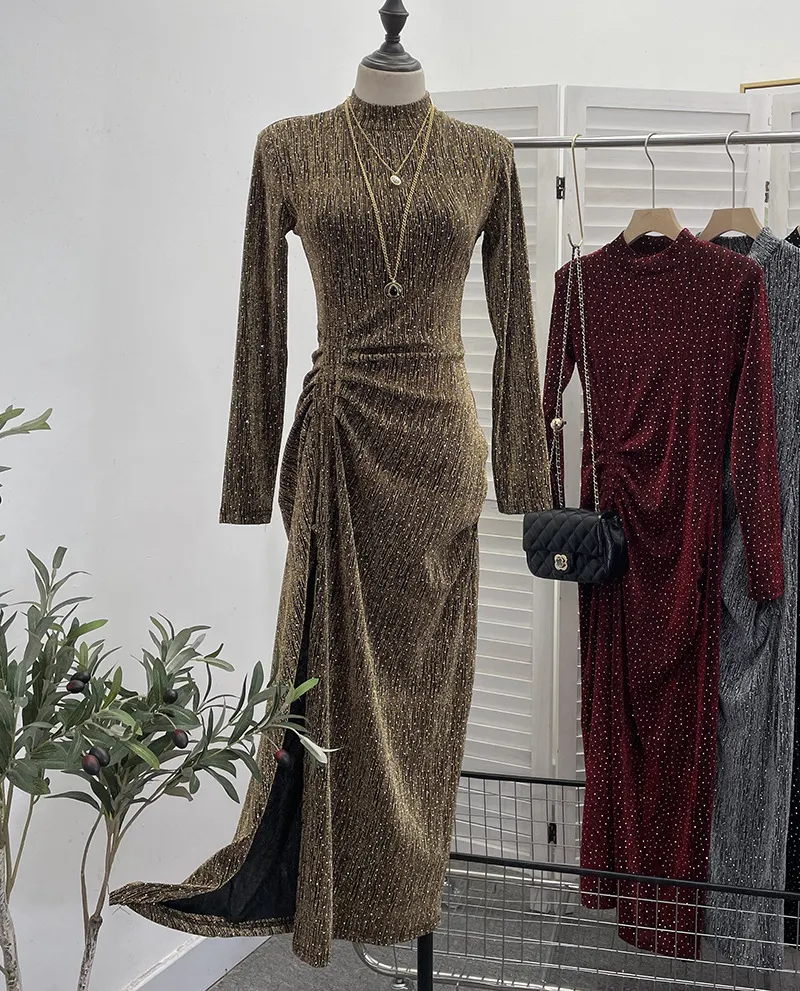 Churchf Design Sexy High Open Fork Folded Small Squint Dress Half-High Collared Shoulder Dress 8872