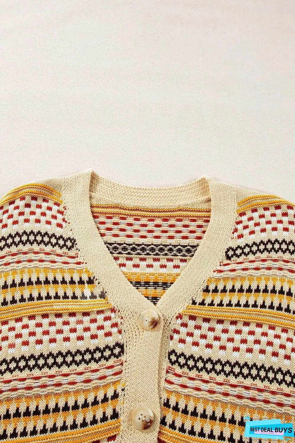Khaki Buttoned V Neck Cropped Cardigan