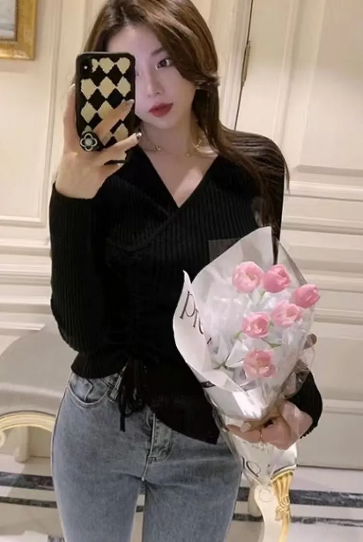 Women's Drawstring Waist Sweater Long Sleeve Slim Fit Pullover