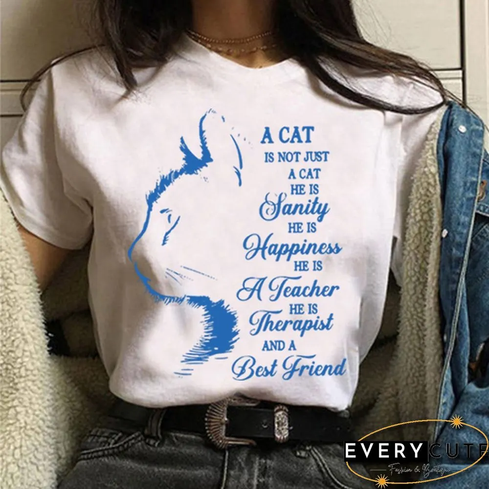 Women and Girls Cat&Letter Print Short Sleeve T-shirt Summer Short Sleeves Womens Solid Color Tees Tops Graphic Cute Cat Shirts Gifts for Cat Lovers