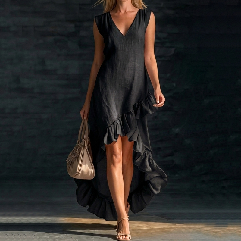 Sleeveless V-neck Ruffled Hem Linen Dress elevenforest