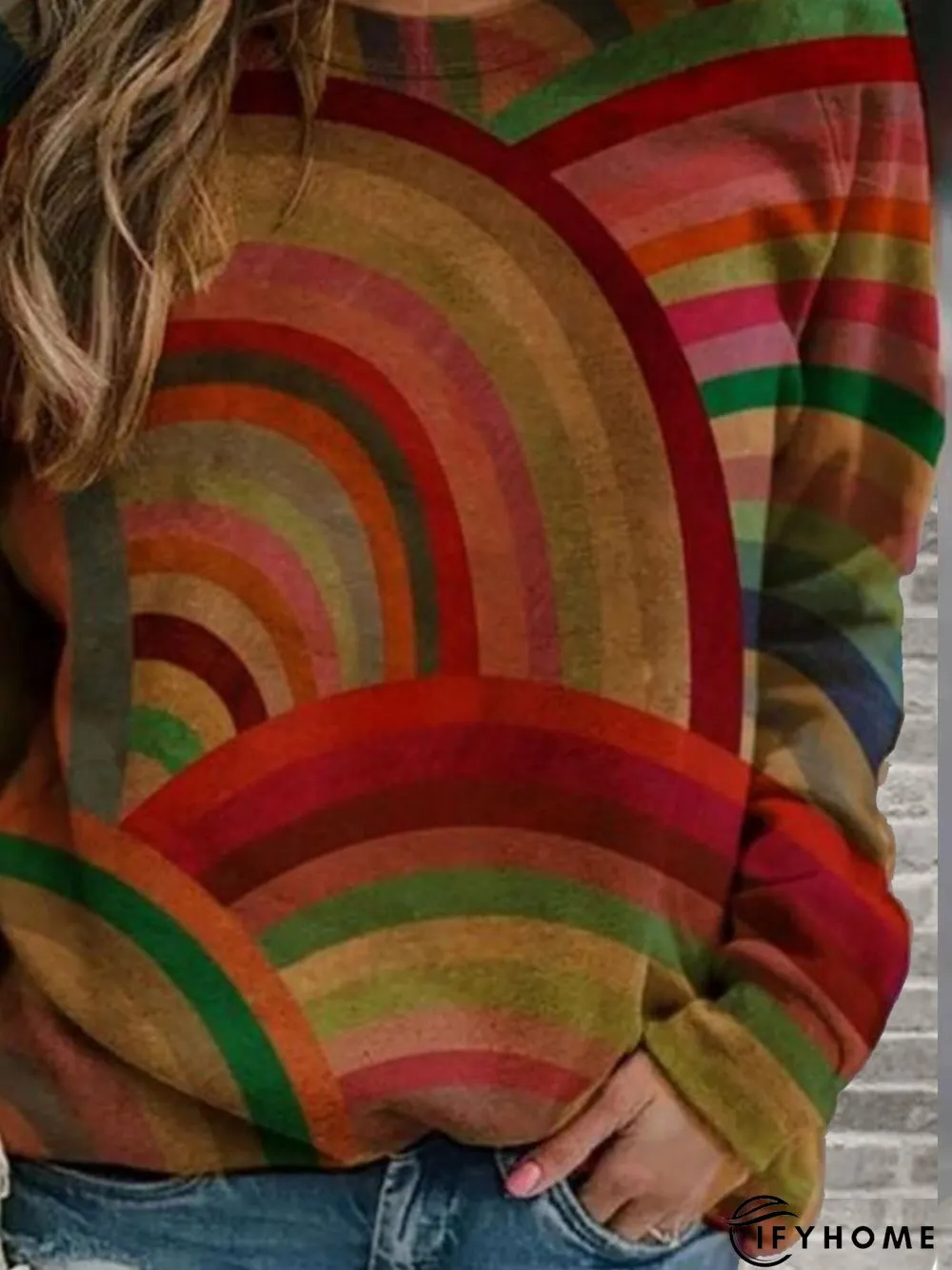Red Crew Neck Long Sleeve Printed Sweatshirt | IFYHOME