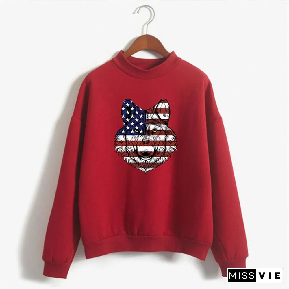 Women's Fashion Print Short Casual Pullover Loose Middle Collar Sweater