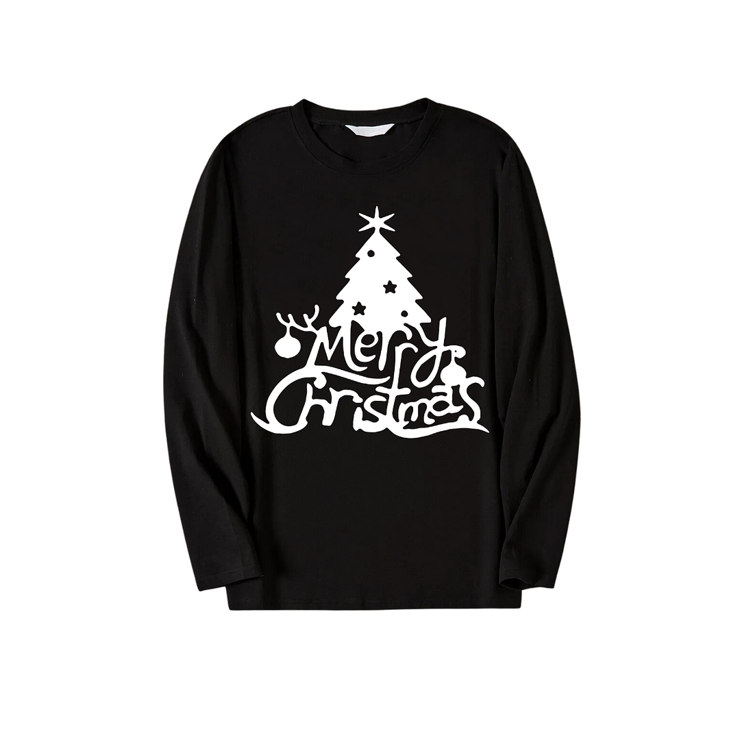Christmas Tree and "Merry Christmas" Text Print Black Long Sleeve Top with Green and Black Plaid Family Matching Pajamas