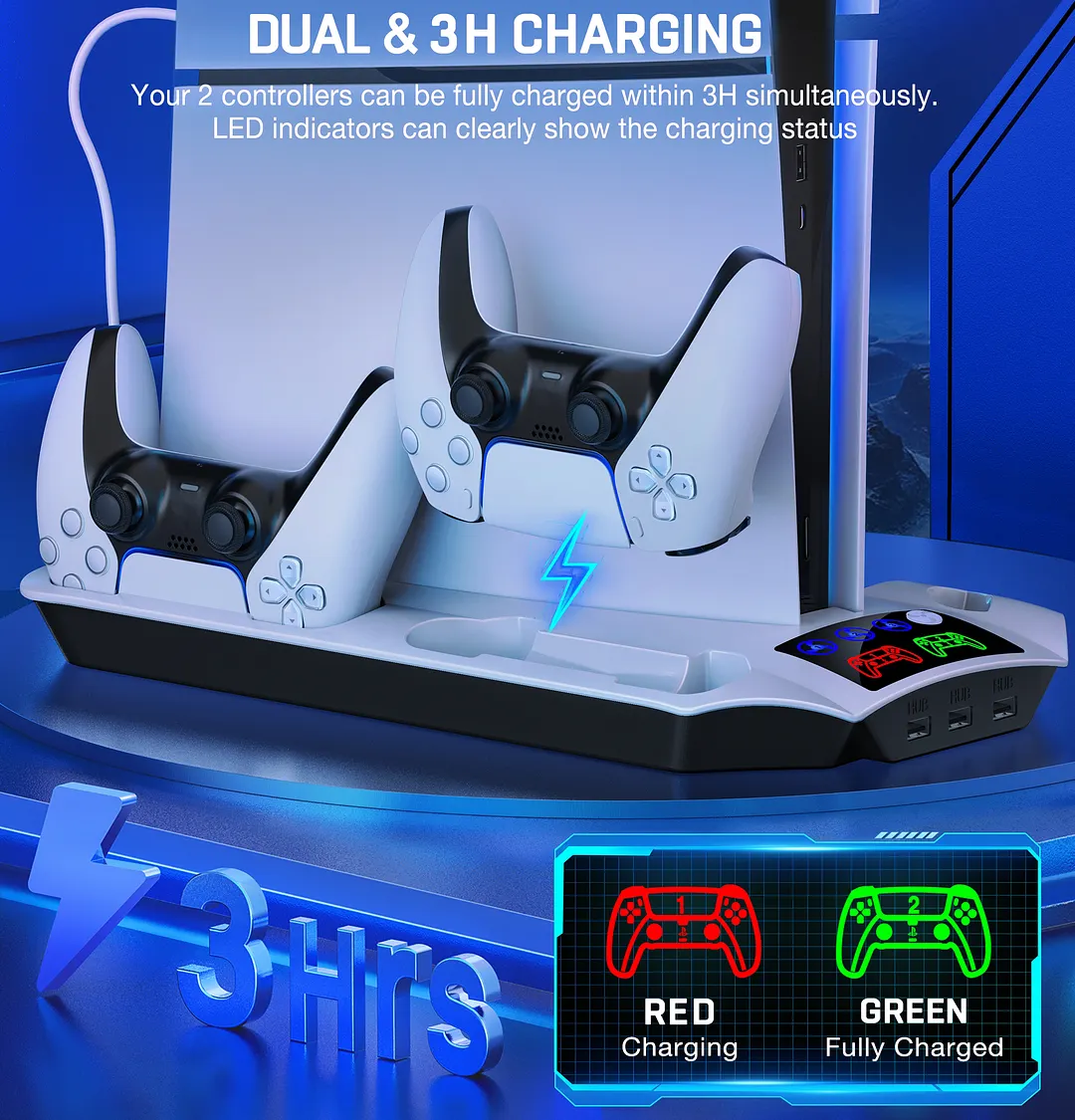 PS5 Stand Cooling Station for 2023 PS5 Slim,DinoFire Dual Fast PS5 Controller Charging Station,PS5 Accessories for Sony 2020 PS5 Digital/Disc Console