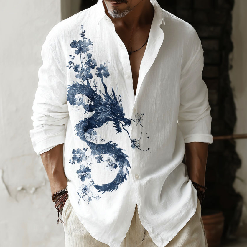 Men's Retro Dragon And Floral Pattern Long-sleeved Shirt elevenforest