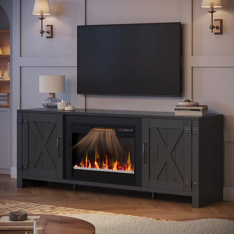 Bestier 63" Fireplace TV Stand for TVs up to 70" Farmhouse Barn Door Entertainment Center with 23" Remote Control Electric Fireplace , Black