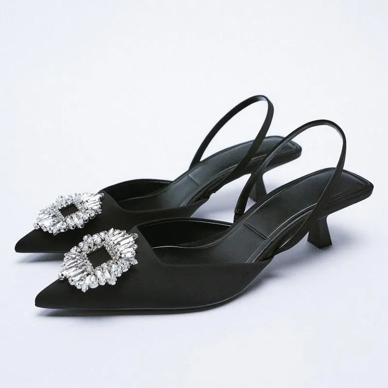 Women Pointed Toe Shoes Light Yellow Diamond Shallow Mouth Slippers Back Strappy Low Heel Sandals For Women 2021 New Arrival