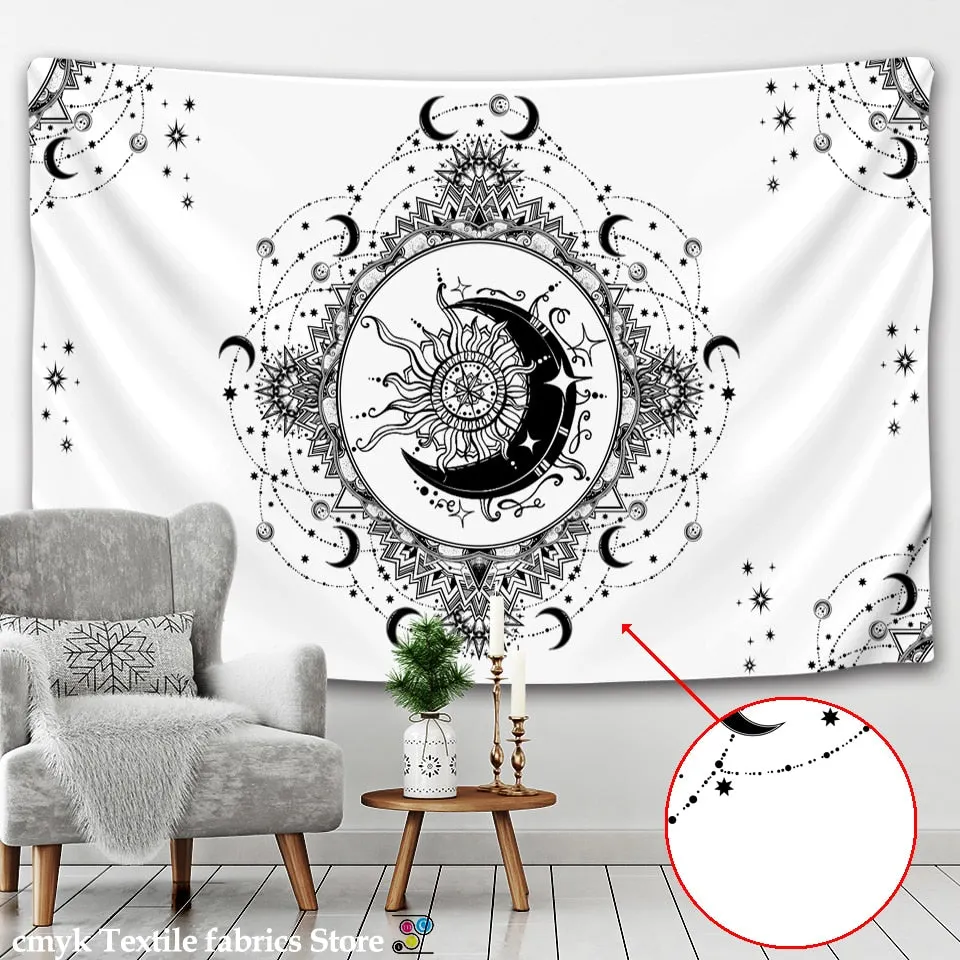 White Black Sun Moon Mandala Tapestry Wall Hanging Celestial Hippie Carpets Dorm Decor Psychedelic Witchcraft Halloween