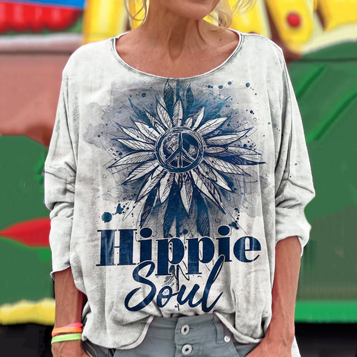 Women's Hippie Soul Sunflower Hippie Vibe Print Long Sleeve T-Shirt artswardrobe