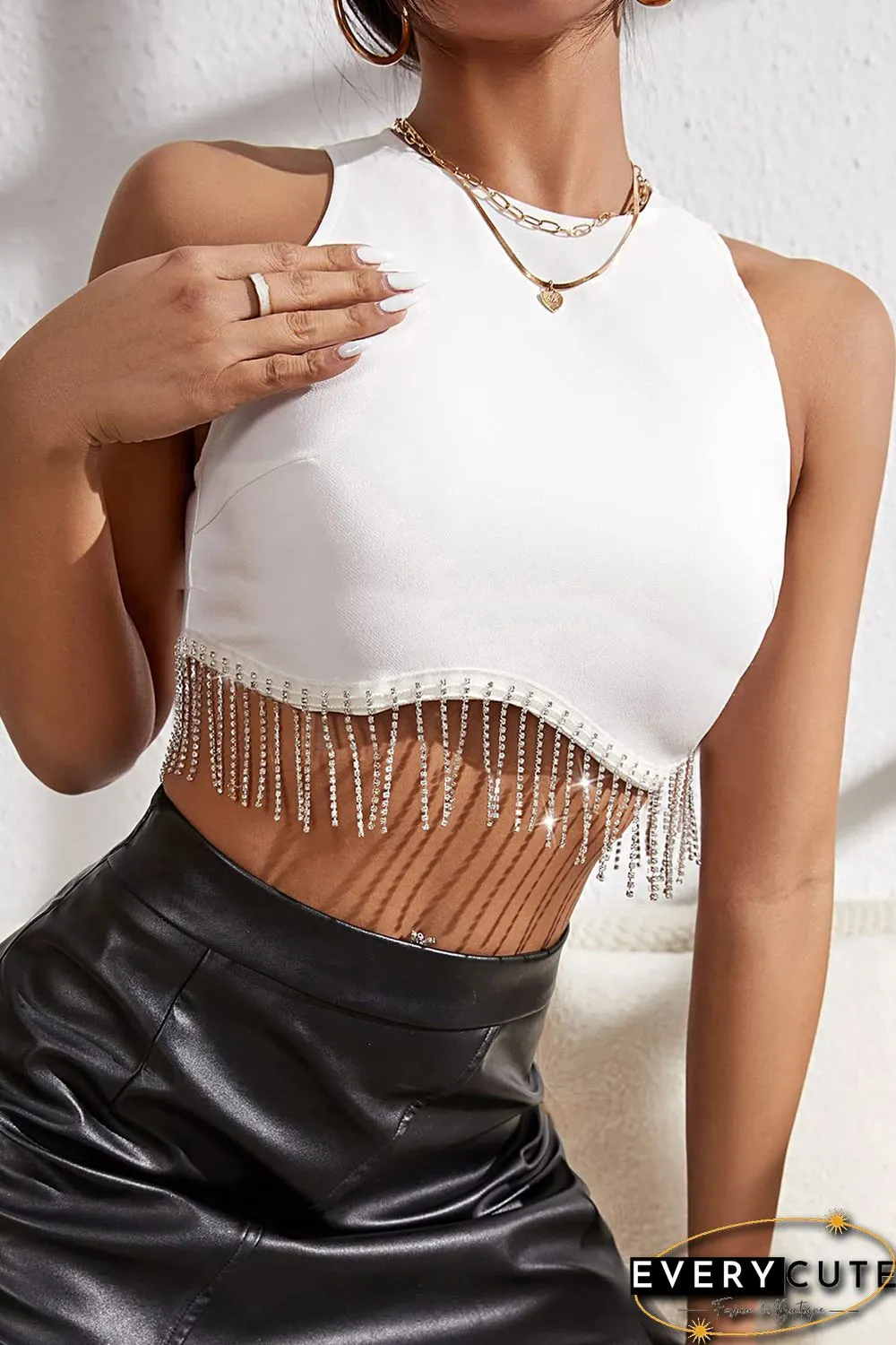 White Rhinestone Fringe Zip Back Round Neck Cropped Tank Top
