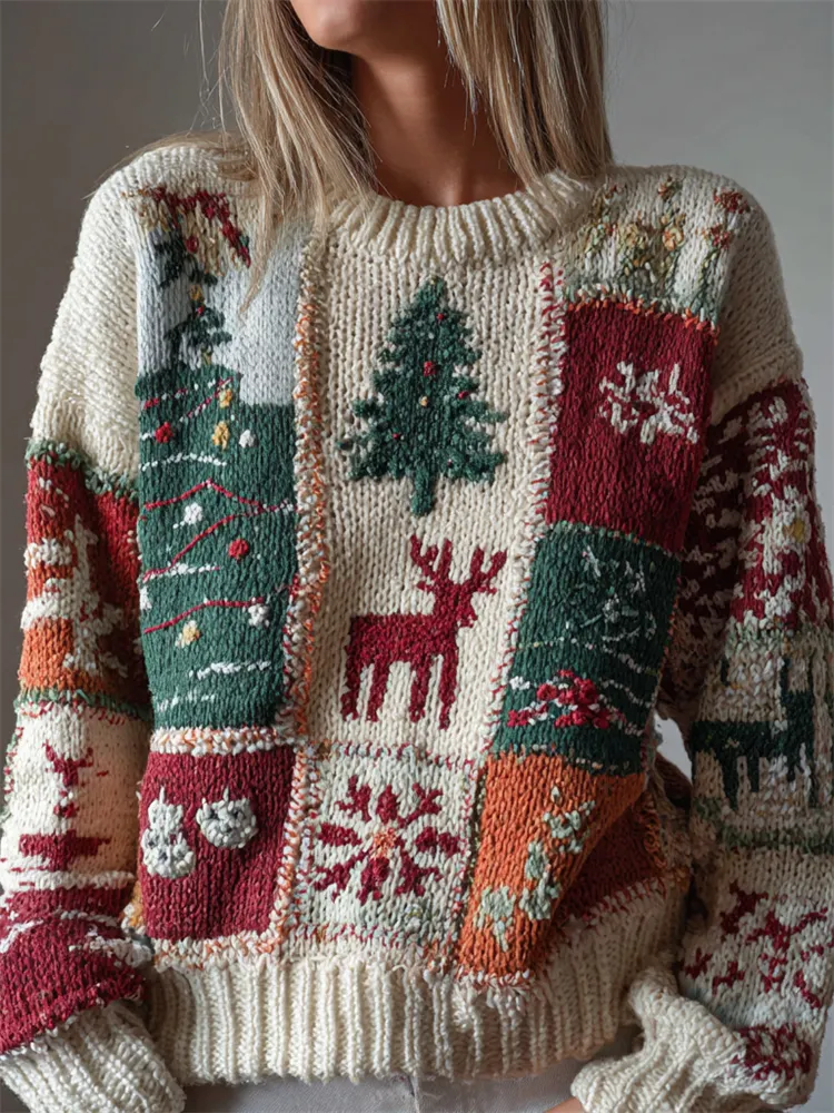 Vintage Christmas Elements Colorblock Patchwork Cozy Knit Sweater