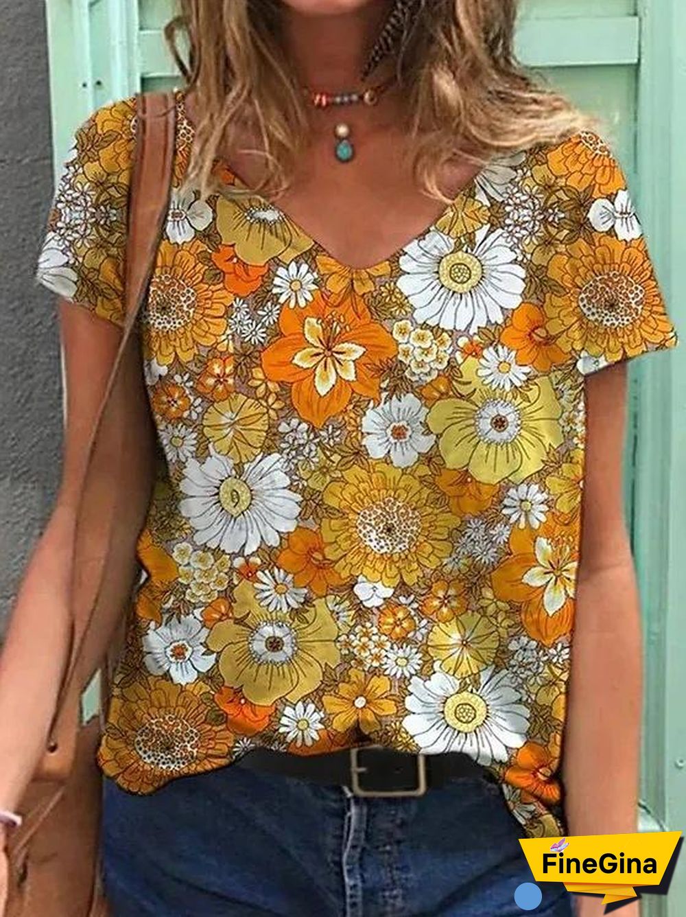 Loose V Neck Printed Shirt
