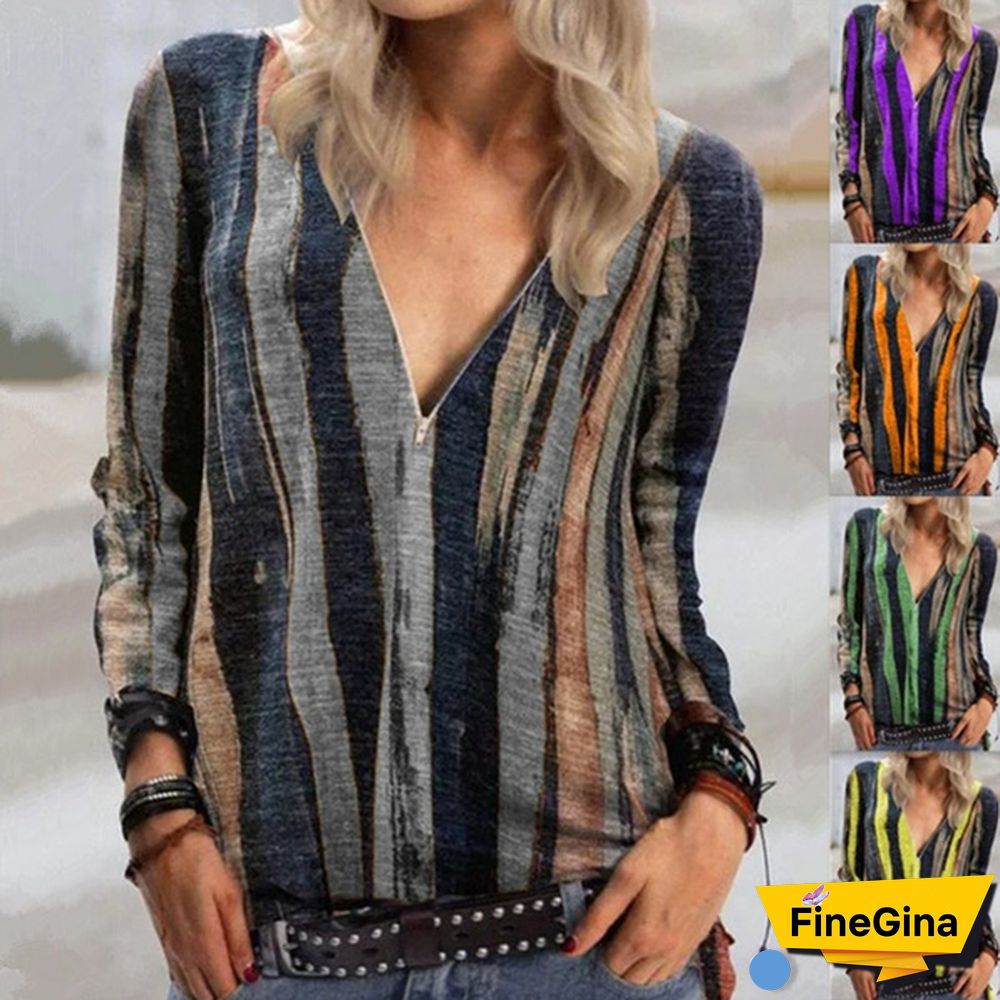 Women's Fashion Plus Size Loose Tops Stripes Printed Deep V-neck Blouse Long Sleeve T-shirt