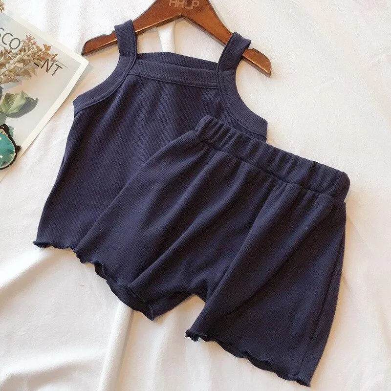 Baby Girls Suspender Vest T-Shirt Shorts Pants 2Pcs Sleeveless Summer 1 2 3 4 5 Year Toddler Kids Outfits Children Clothing Set