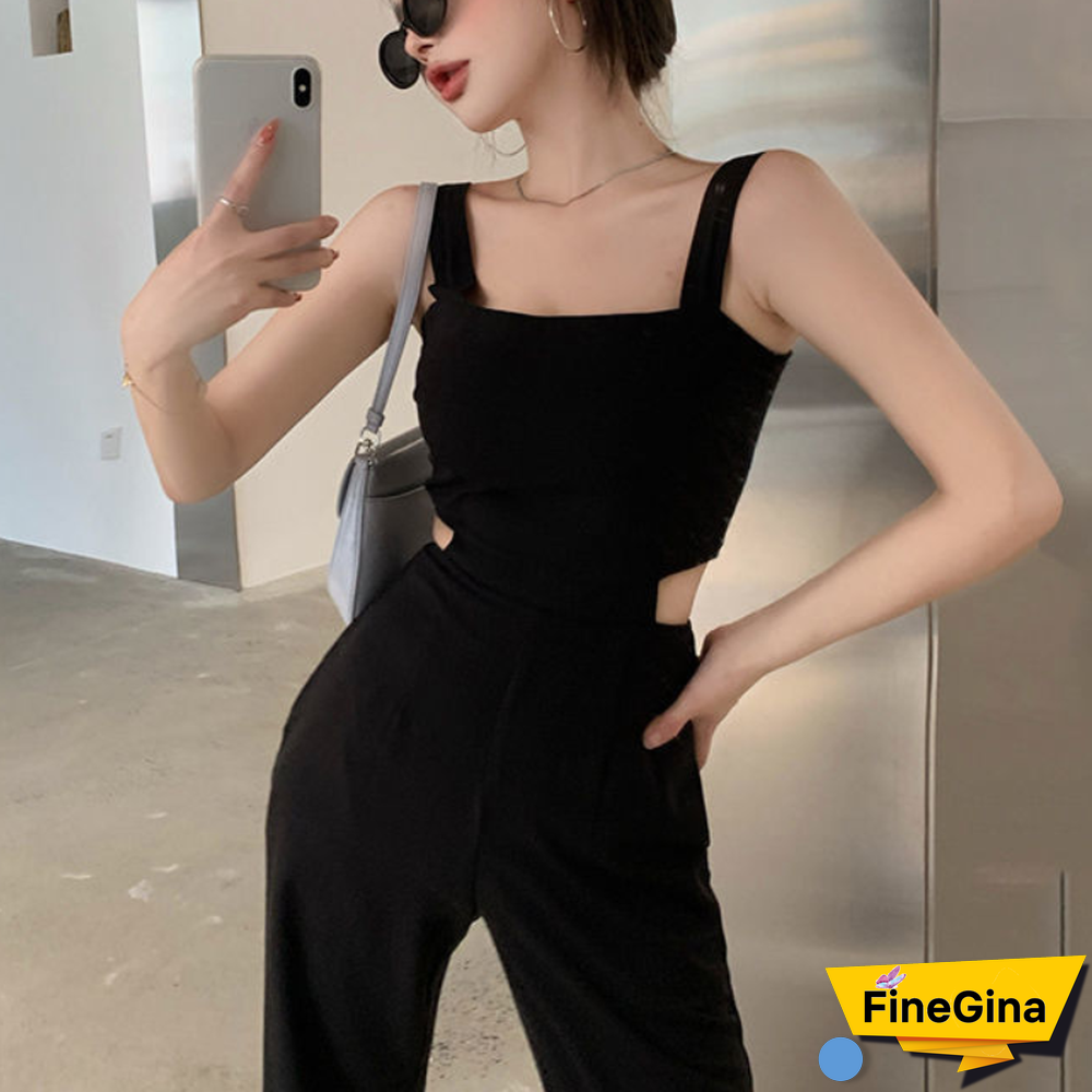 Summer Korean Elegant Jumpsuits New Slim Black High Street Designer Women Outfit Cut Out Chic Casual Beach Party Jumpsuits