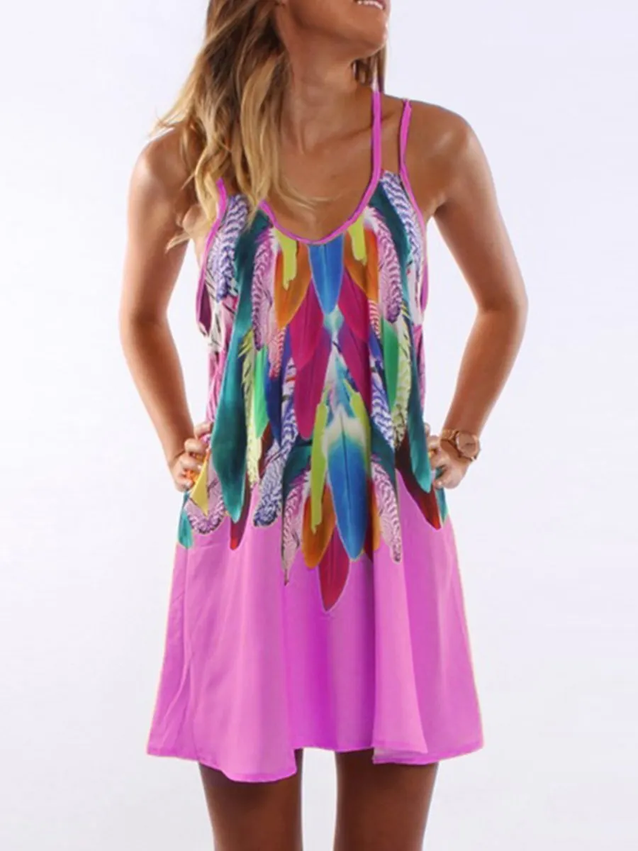Round Neck Colorful Feather Printed Shift Dress