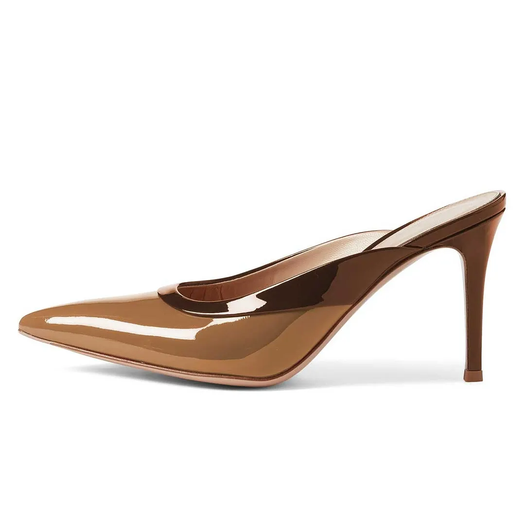 Brown Patent Stiletto Heel Slip-On Mules Shoes with Stiletto Heel